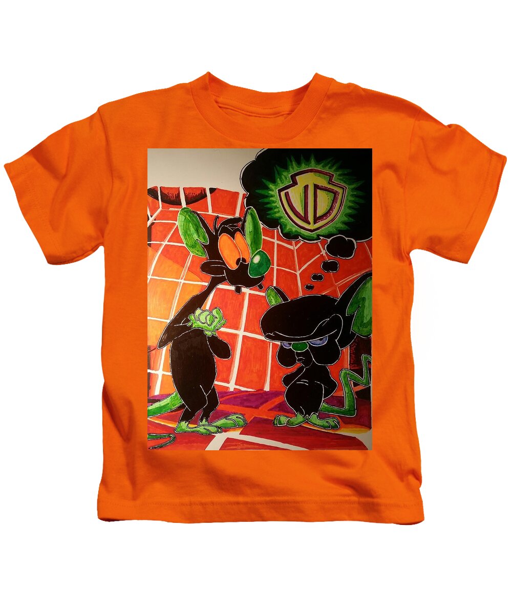 Animation Cartoon Contemporary Drain Greeny Marker Orange Permanent Sharpie Sharpieart Kids T-Shirt featuring the drawing Greeny and the Drain - without artist's name by Uzor Dijeh
