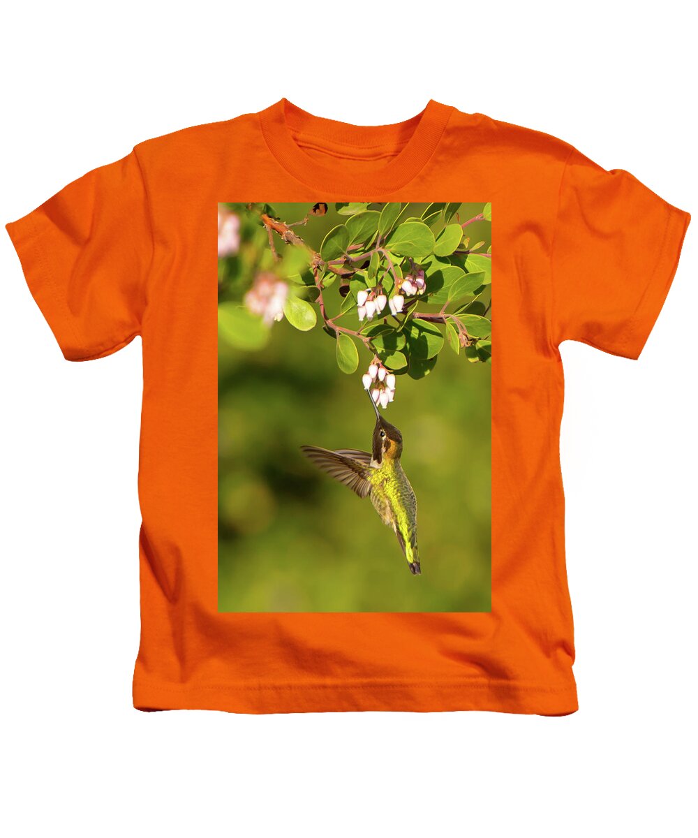 Bird Kids T-Shirt featuring the photograph Hummingbird and Manzanita blossom by Paul Johnson