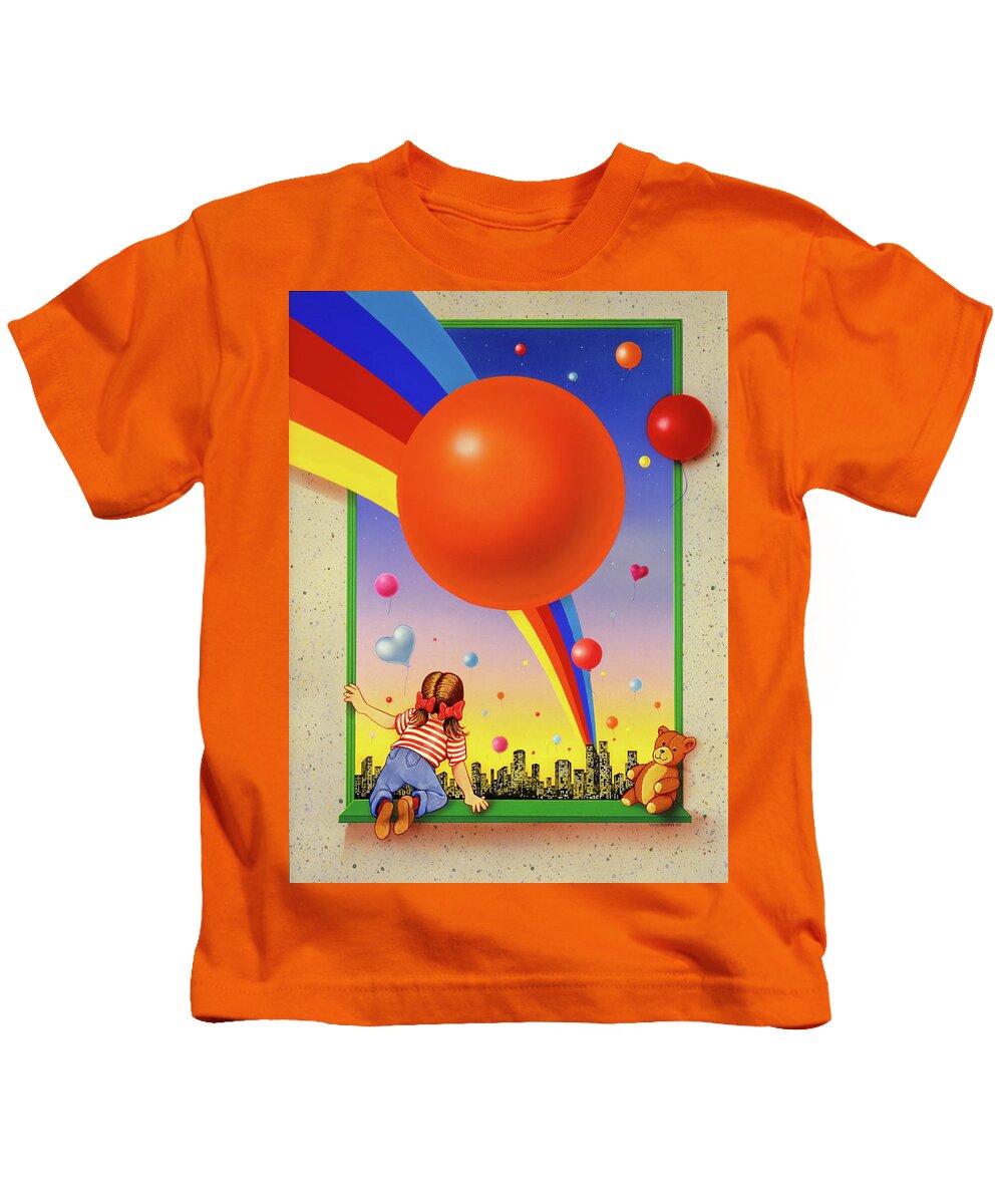 Balloons Winder Child Teddy Bear Joy Kids Rainbow Kids T-Shirt featuring the mixed media Imagine by Murry Whiteman