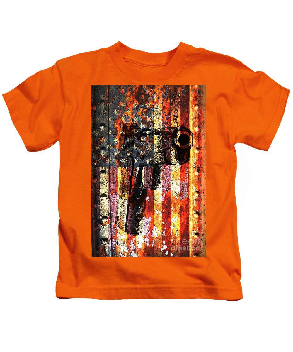 American Kids T-Shirt featuring the digital art M1911 Silhouette On Rusted American Flag by M L C