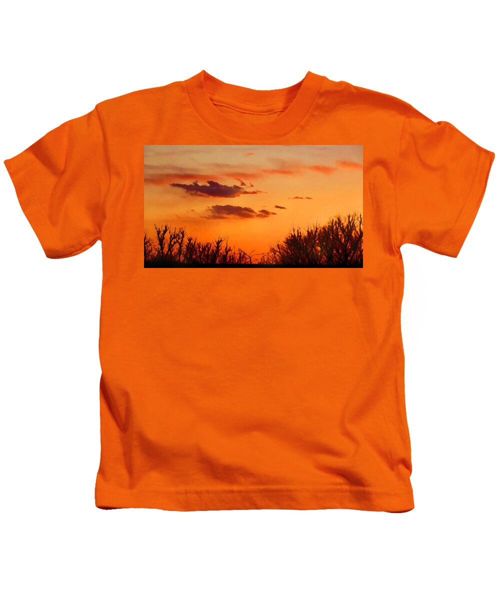 Orange Kids T-Shirt featuring the mixed media Orange Sky at Night by Shelli Fitzpatrick