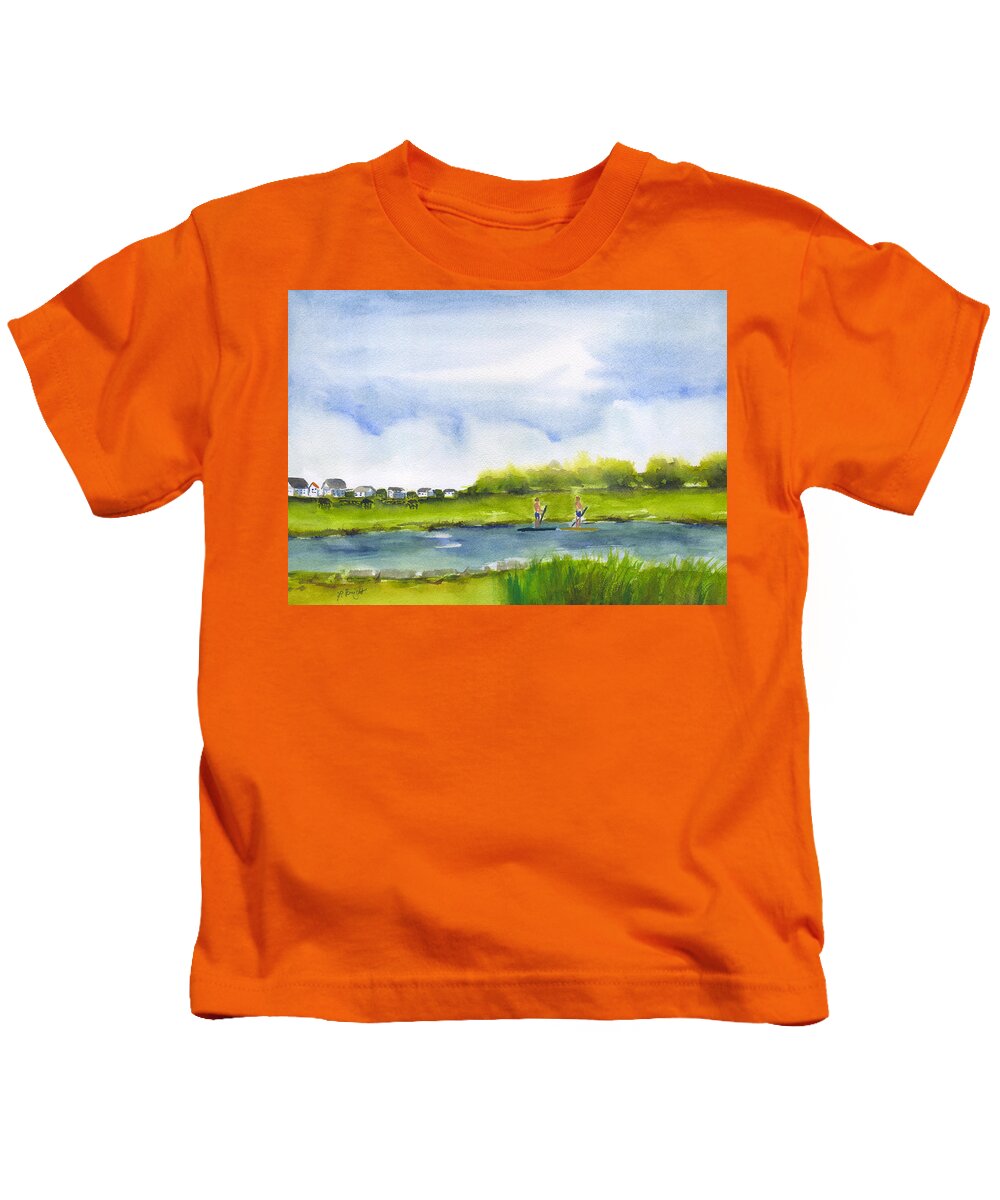 Paddle Boarding At Pawleys Island Kids T-Shirt featuring the painting Paddle Boarding at Pawleys Island by Frank Bright