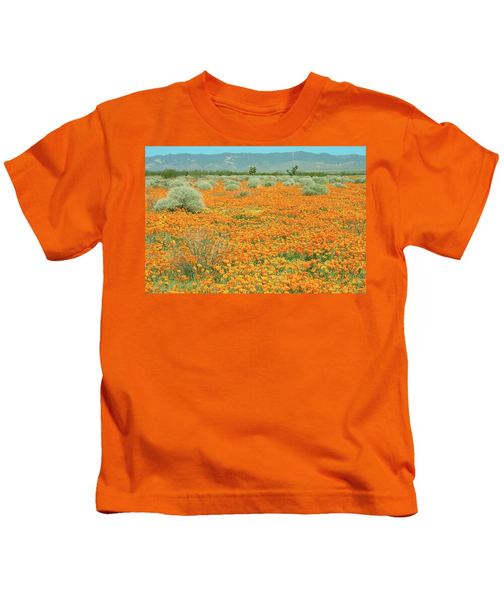 California Poppy Field Kids T-Shirt featuring the photograph Poppies for Ever - Poppy Fields Mojave Desert California by Ram Vasudev