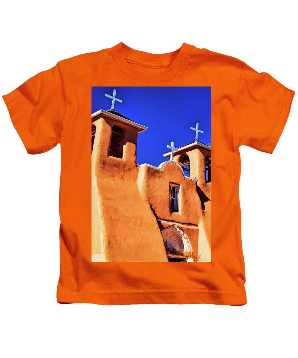  San Kids T-Shirt featuring the digital art Ranchos de Taos church by Charles Muhle