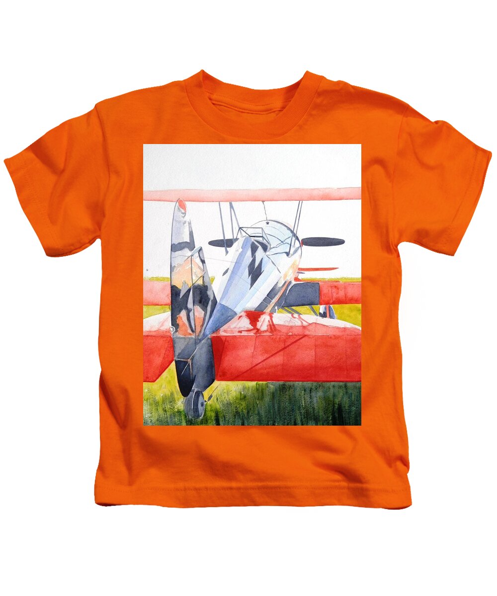 Biplane Kids T-Shirt featuring the painting Reflection on Biplane by John Neeve