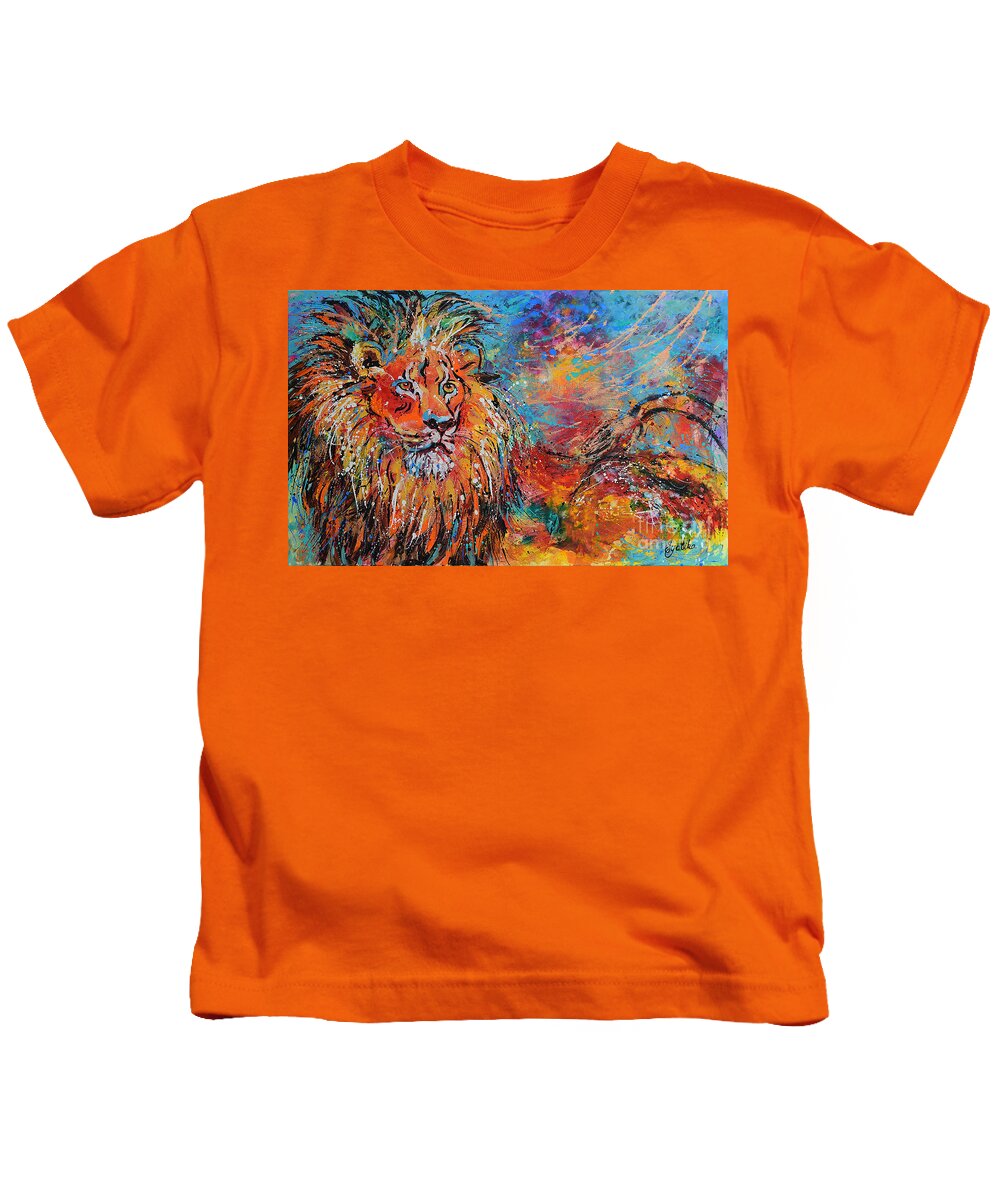 African Wildlife Kids T-Shirt featuring the painting Regal Lion by Jyotika Shroff