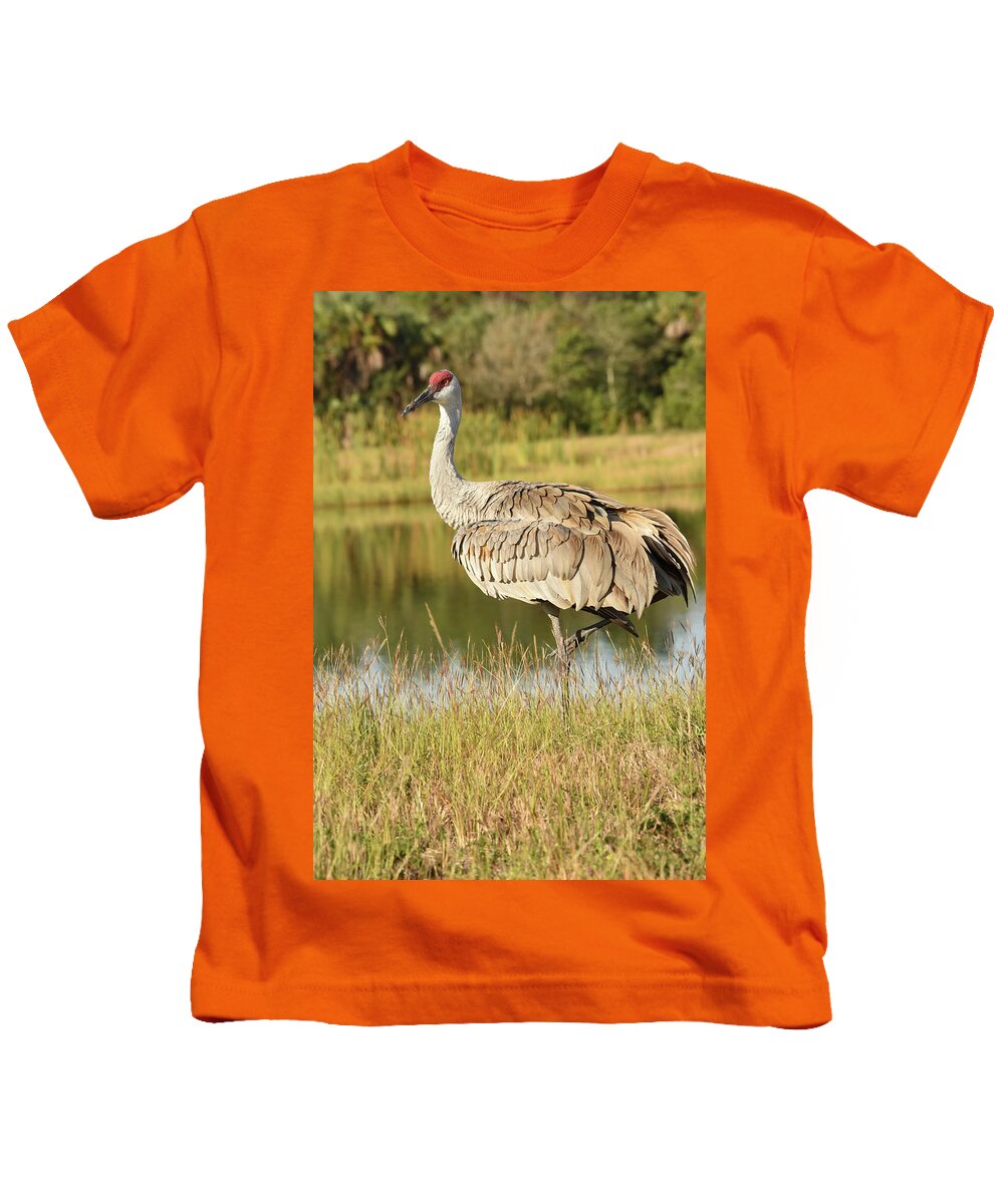 Crane Kids T-Shirt featuring the photograph Sandhill Crane Standing Beside a Lake by Artful Imagery