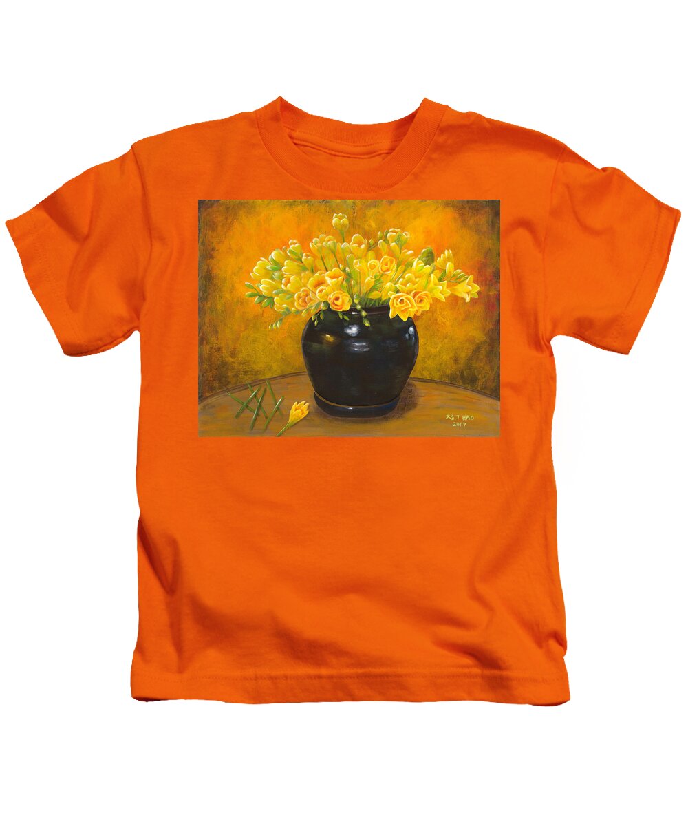 Freesia Kids T-Shirt featuring the painting A gift from the past by Helian Cornwell