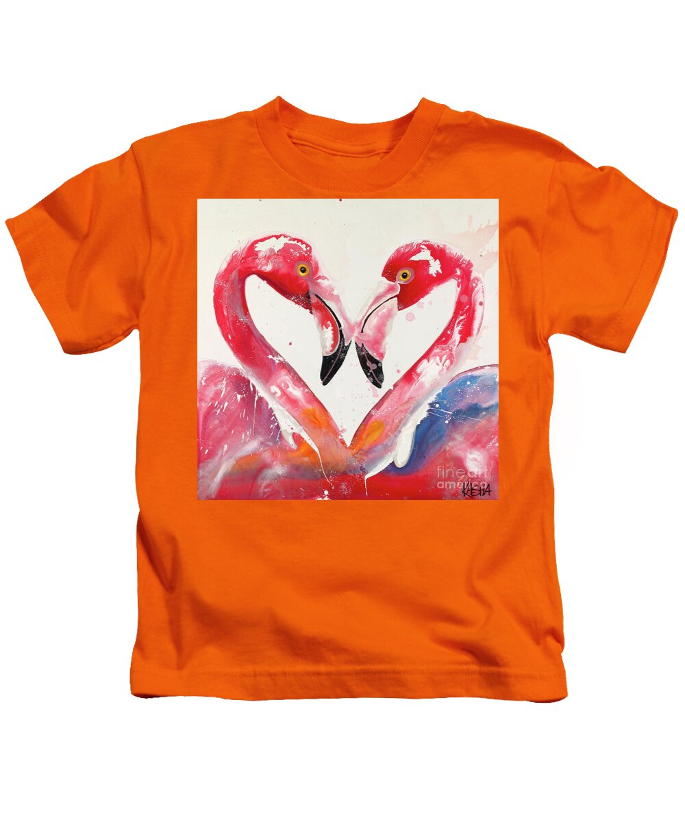 Flamingos Kids T-Shirt featuring the painting Sneak Beak by Kasha Ritter
