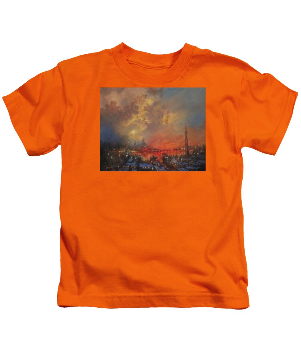  Atmospheric Painting Kids T-Shirt featuring the painting The City In The Sea by Tom Shropshire