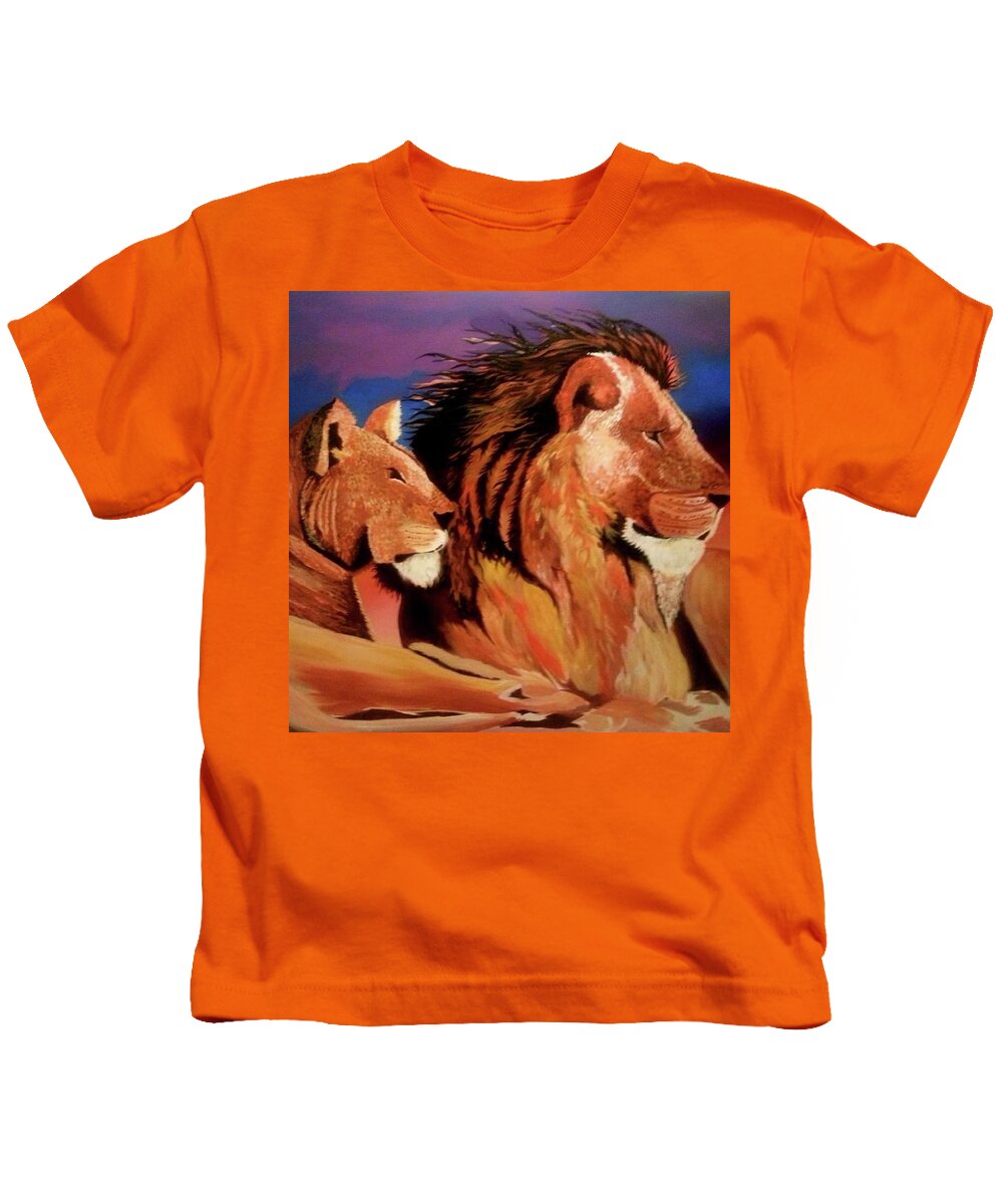 Lions In The Pride Kids T-Shirt featuring the painting The Pride by Femme Blaicasso