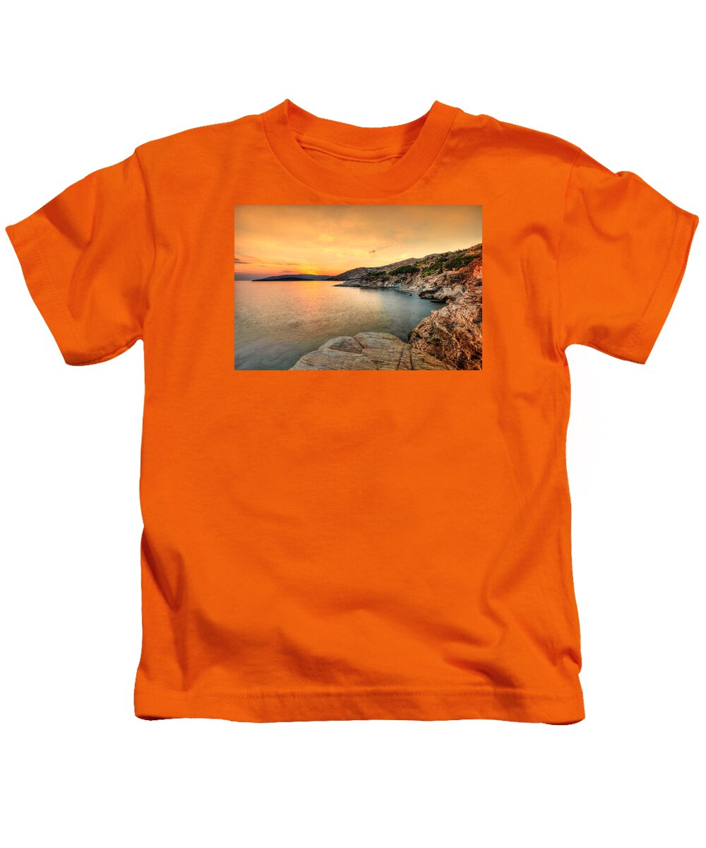Aegean Kids T-Shirt featuring the photograph The sunset at Agios Kyprianos in Andros - Greece by Constantinos Iliopoulos