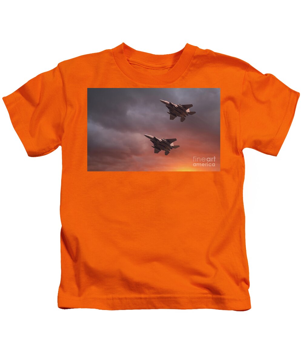Usaf Kids T-Shirt featuring the photograph Two low flying F-15E Strike Eagles at sunset by Simon Bratt
