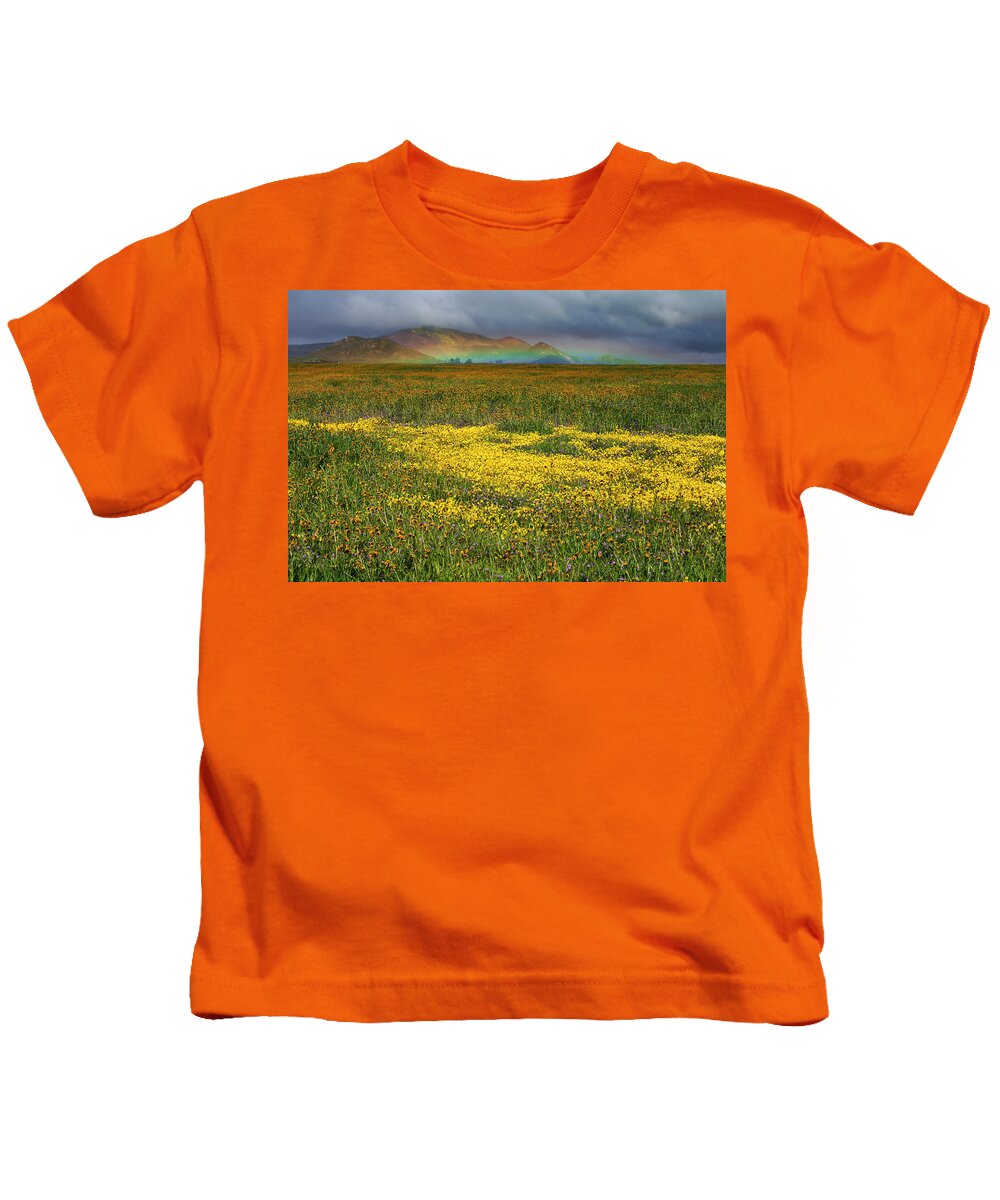 Carrizo Kids T-Shirt featuring the photograph Wildflowers and Rainbow on the Carrizo Plain by Rick Pisio