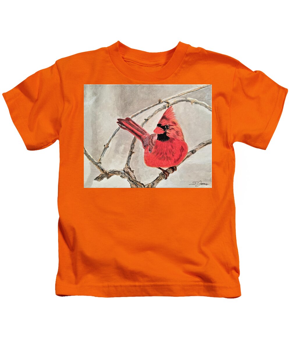 Cardinal Kids T-Shirt featuring the painting Winter Sentinal by Sonja Jones