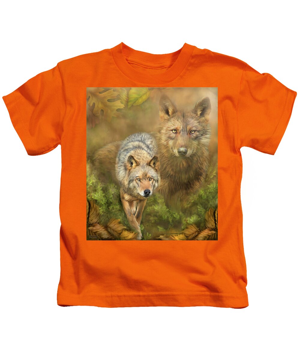 Carol Cavalaris Kids T-Shirt featuring the mixed media Wolf In Autumn by Carol Cavalaris