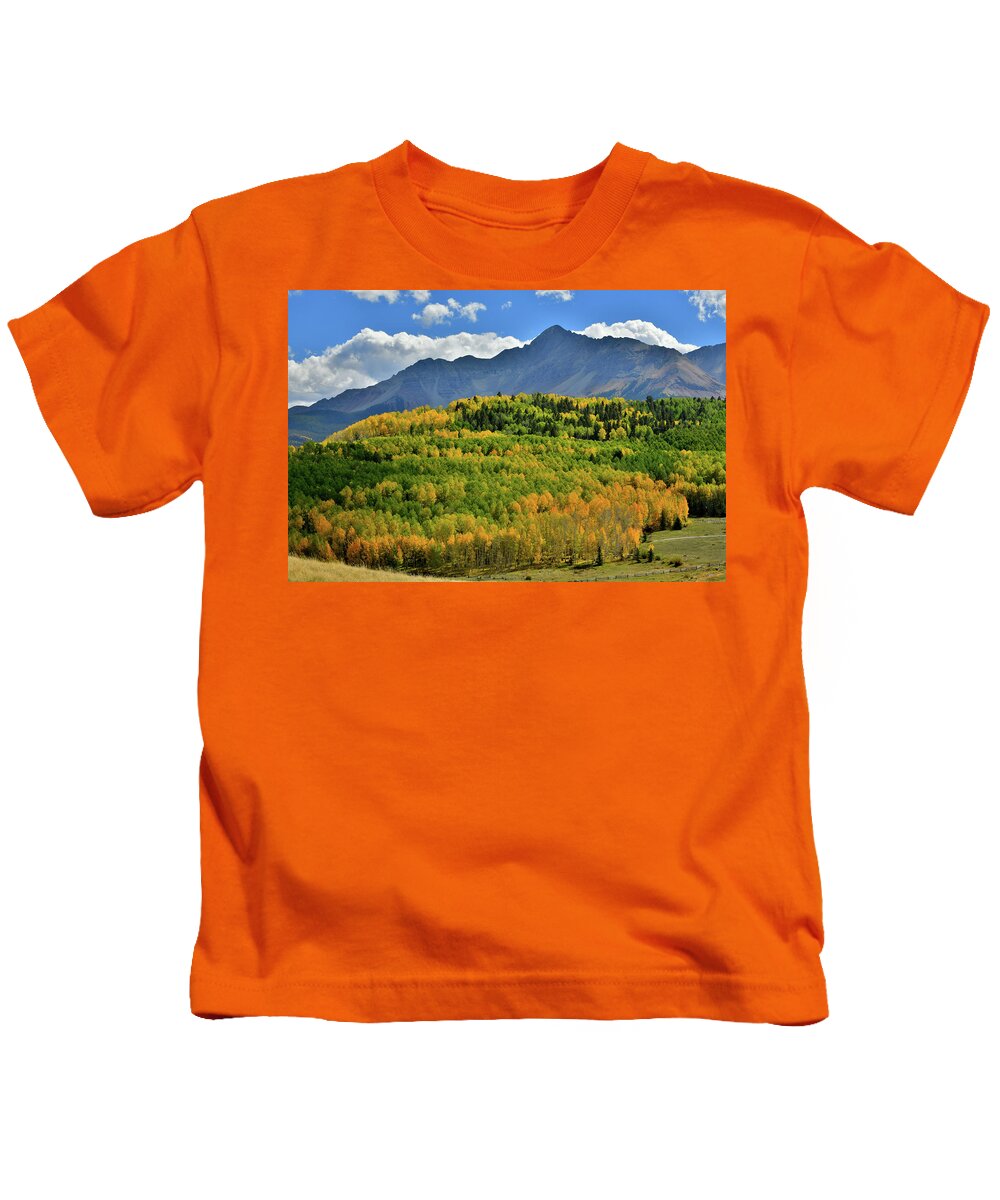 Wilson Mesa Ranch Loop Road Kids T-Shirt featuring the photograph Fall Color Beginning Beneath Mt. Wilson by Ray Mathis