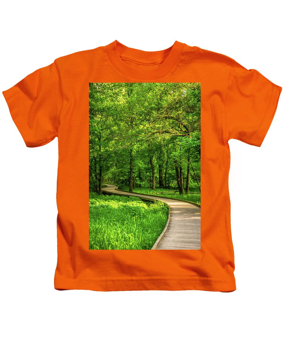 Boardwalk Kids T-Shirt featuring the photograph Forest Boardwalk by Tito Slack