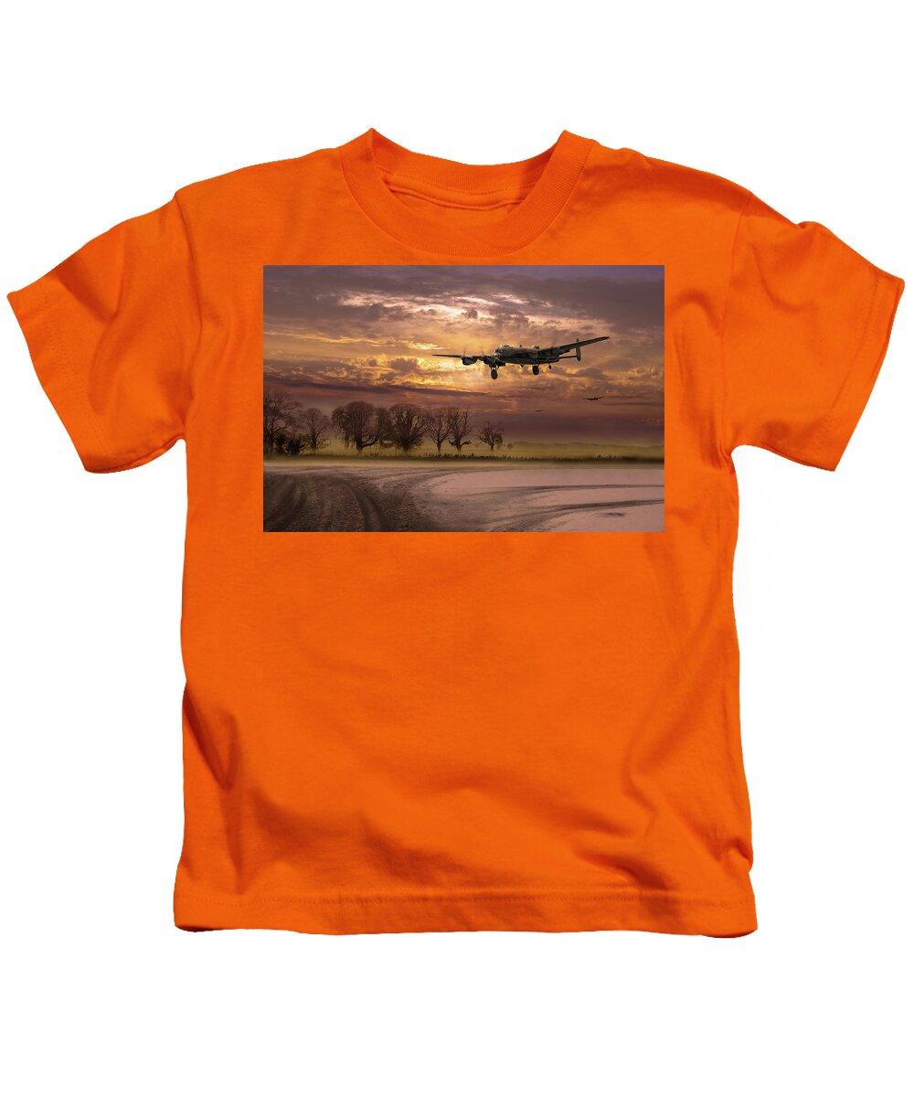 Avro 638 Lancaster Kids T-Shirt featuring the photograph Morning return by Gary Eason