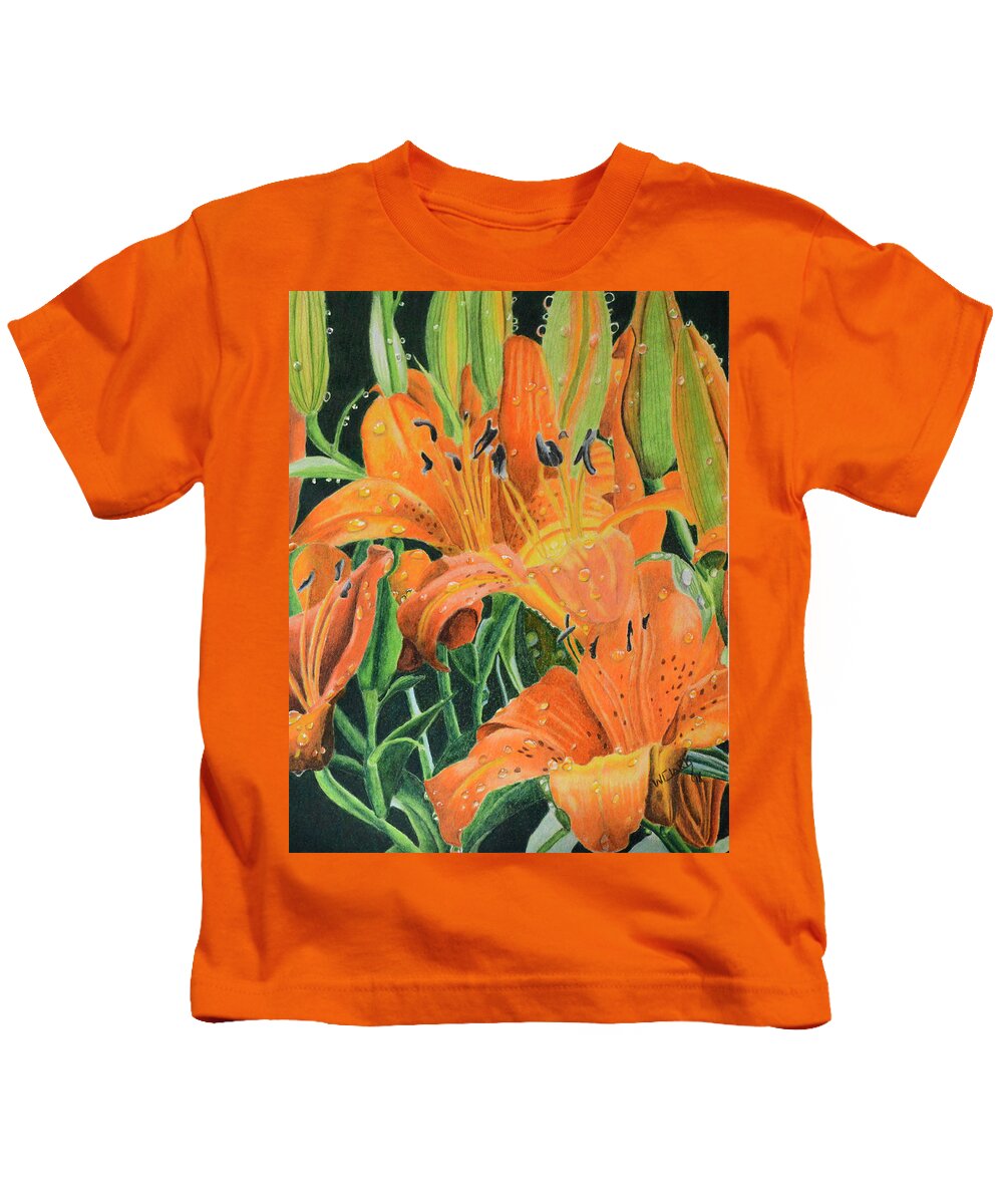 Color Pencil Kids T-Shirt featuring the painting Orange Lilly's by Wade Clark