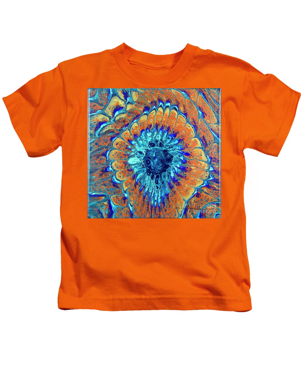 Poured Acrylic Kids T-Shirt featuring the painting Peacock Fan by Lucy Arnold