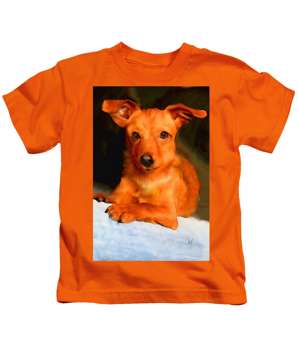 Little Red Dog Kids T-Shirt featuring the mixed media Radar, A Little Red Dog Portrait by Shelli Fitzpatrick