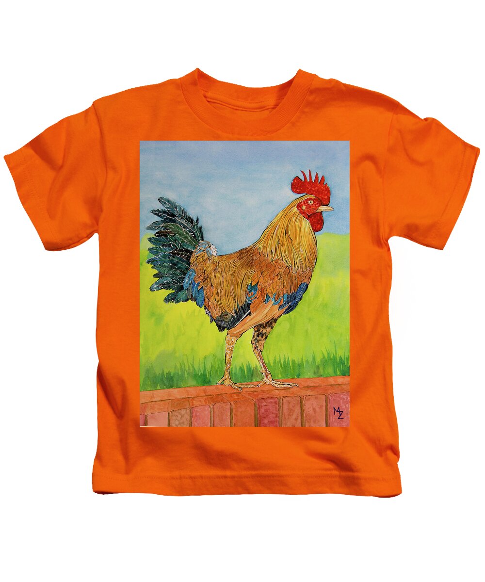 Rooster Kids T-Shirt featuring the painting Rooster in Charge by Margaret Zabor