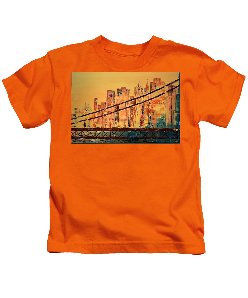 Sunset On Golden Gate Bridge Kids T-Shirt featuring the painting San Francisco-Bay Bridge by Raji Musinipally