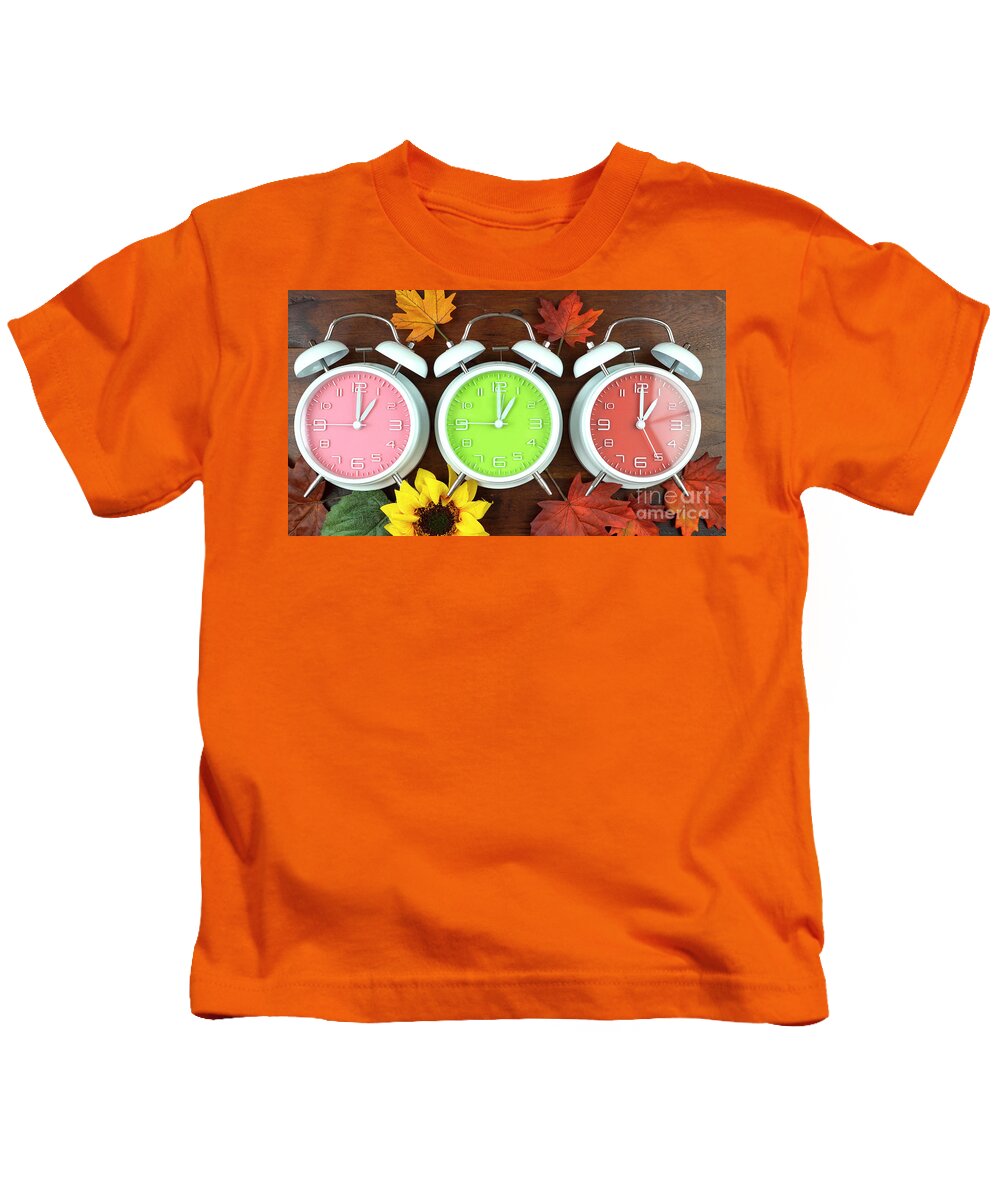 Alarm Kids T-Shirt featuring the photograph Autumn Fall Daylight Saving Time Clocks #1 by Milleflore Images