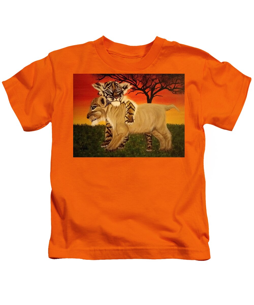 Tiger Kids T-Shirt featuring the painting Pals #1 by Adele Moscaritolo
