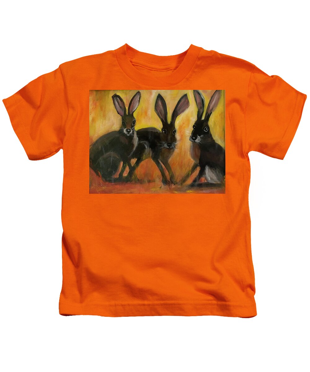 3 Hares Kids T-Shirt featuring the painting 3 Hares Aware by Denice Palanuk Wilson