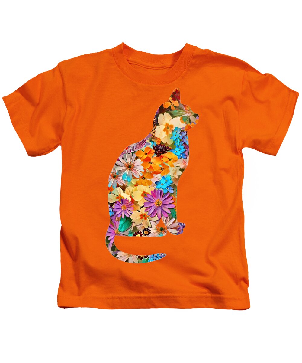 Cat Kids T-Shirt featuring the digital art A Cat Made of Flowers Portrait by Gaby Ethington