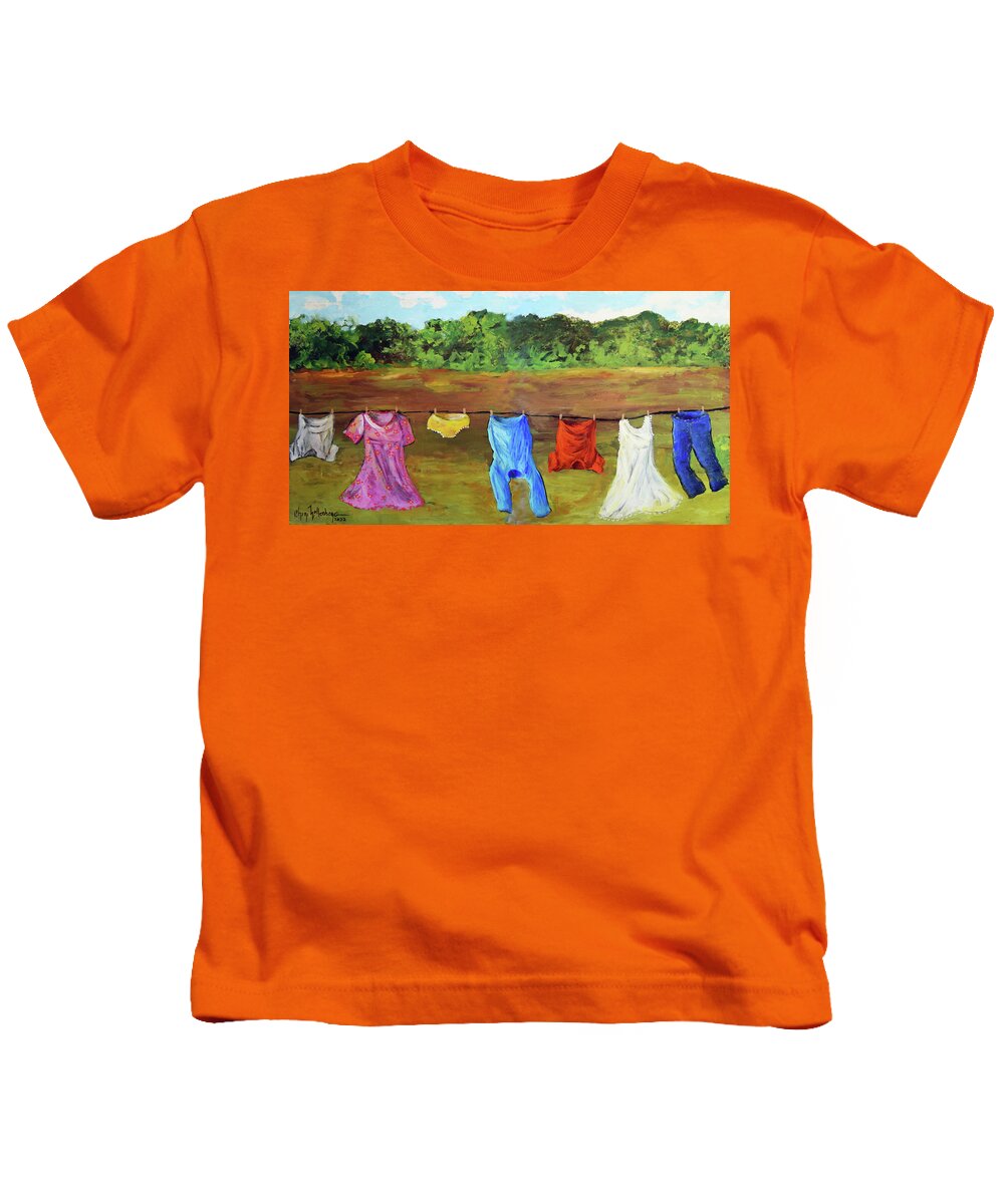 Laundry Kids T-Shirt featuring the painting A Windy Clothes Line in Oklahoma - An Original by Cheri Wollenberg 2022 by Cheri Wollenberg