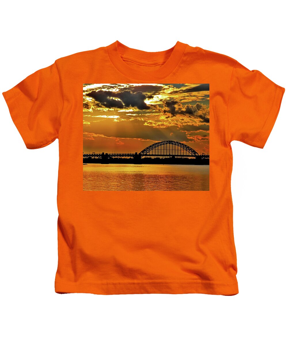 Sunset Kids T-Shirt featuring the photograph Autumn Sunset Behind Tacony-Palmyra Bridge on the Delaware by Linda Stern