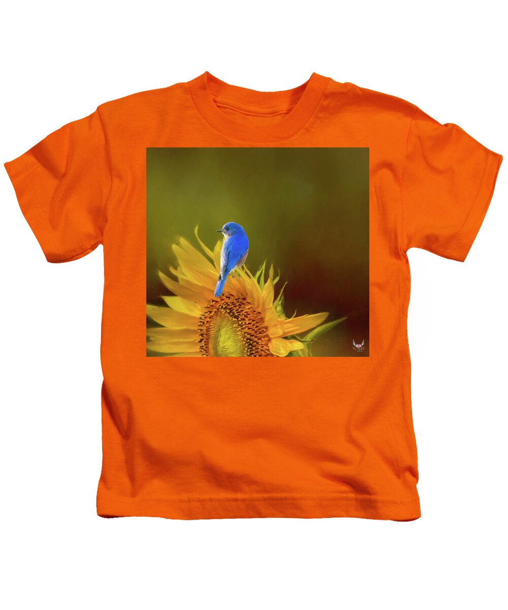 Sunflower Kids T-Shirt featuring the photograph Bluebird on Sunflower by Pam Rendall