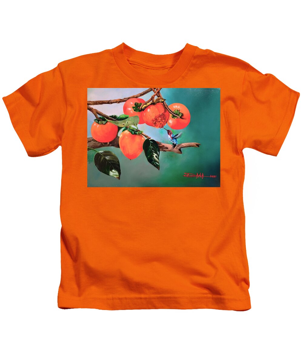 Birds Kids T-Shirt featuring the painting Bumblebee hummer and Persimmons by Dana Newman