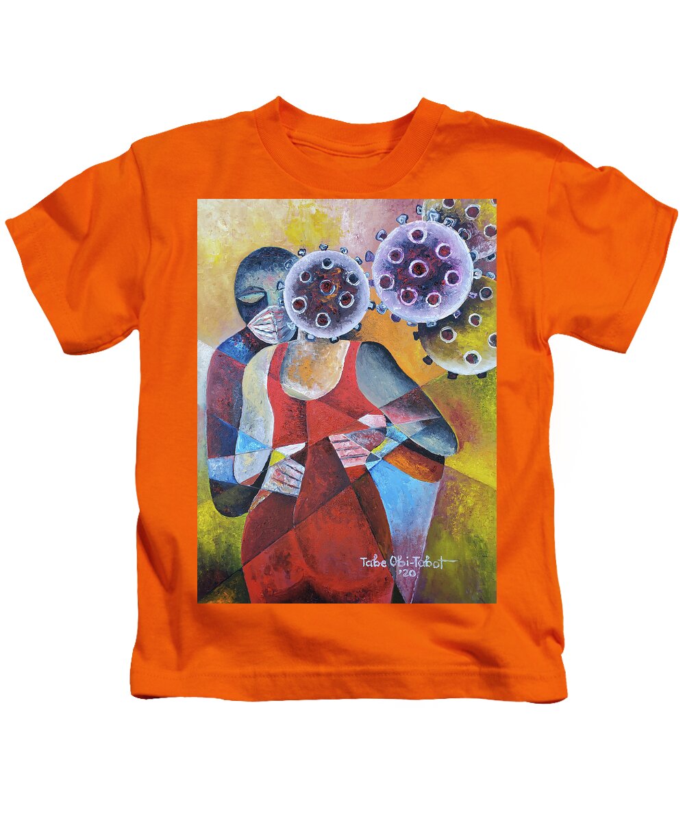 Abstract Painting Kids T-Shirt featuring the painting Dancing in red with Covid-19 by Obi-Tabot Tabe