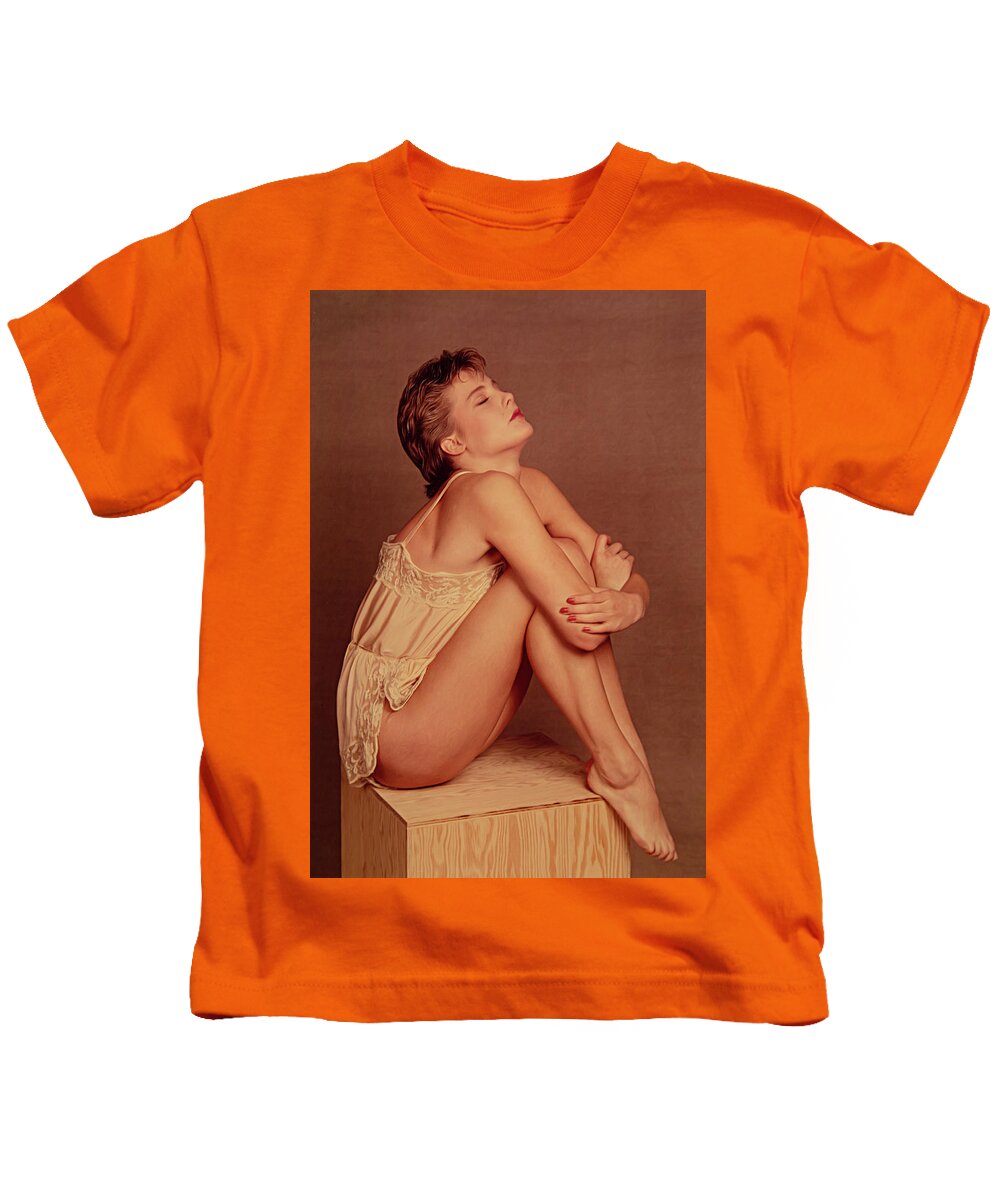 Lingerie Kids T-Shirt featuring the photograph Girl on a Box 1980 by Steve Ladner