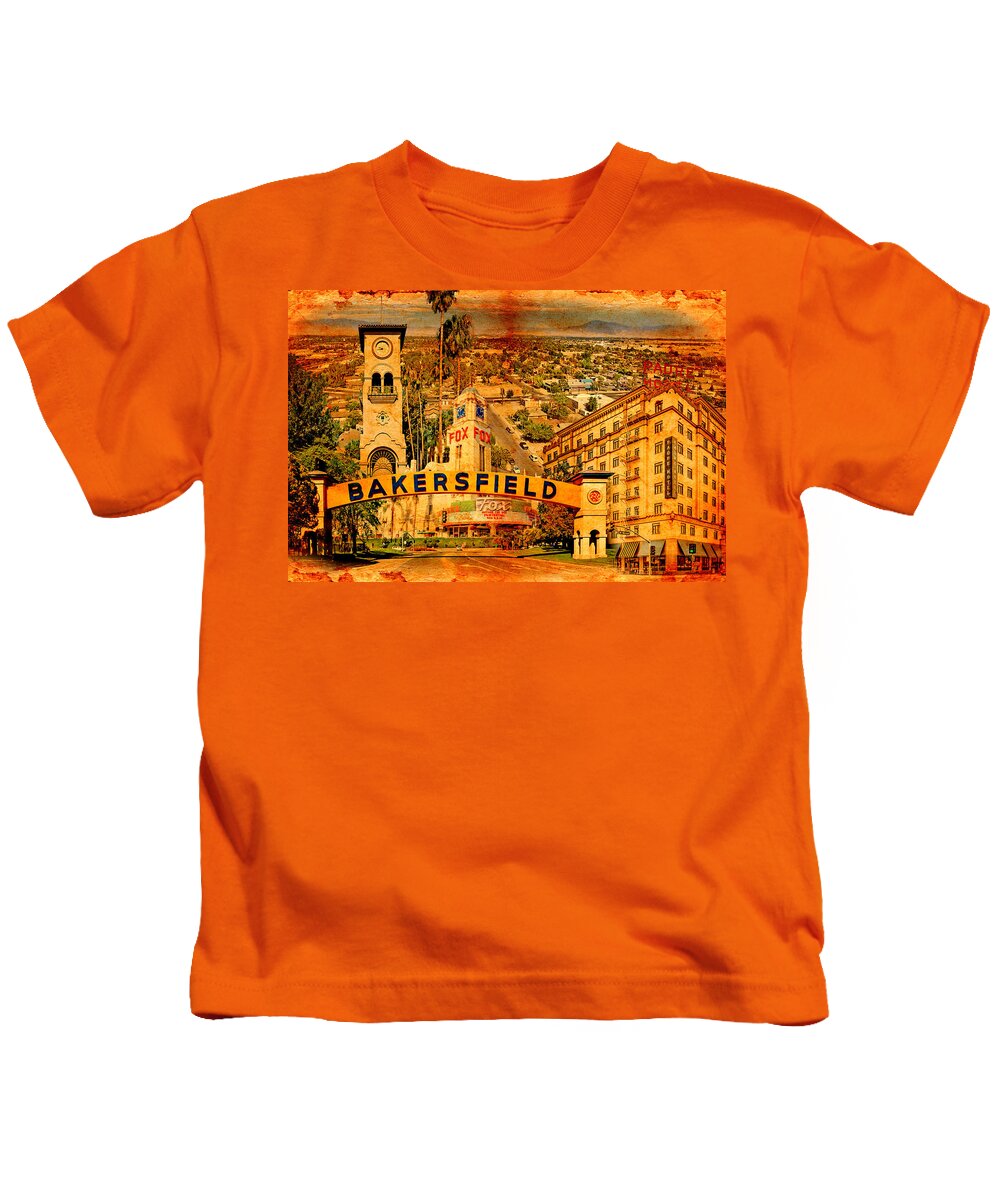 Bakersfield Kids T-Shirt featuring the digital art Historical buildings of Bakersfield, California, blended on old paper by Nicko Prints