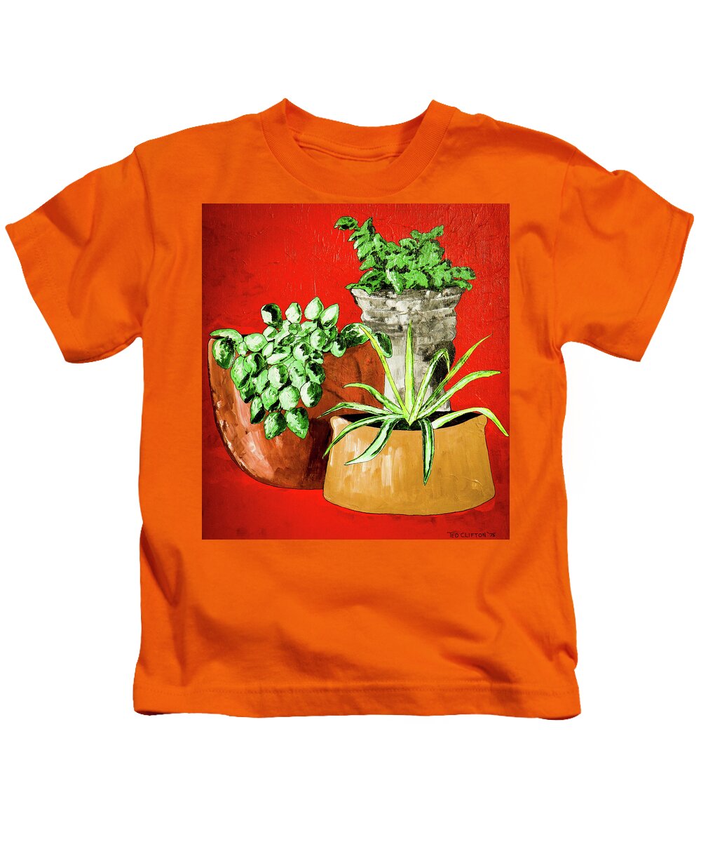Plants Kids T-Shirt featuring the painting Indoor Plants Three by Ted Clifton