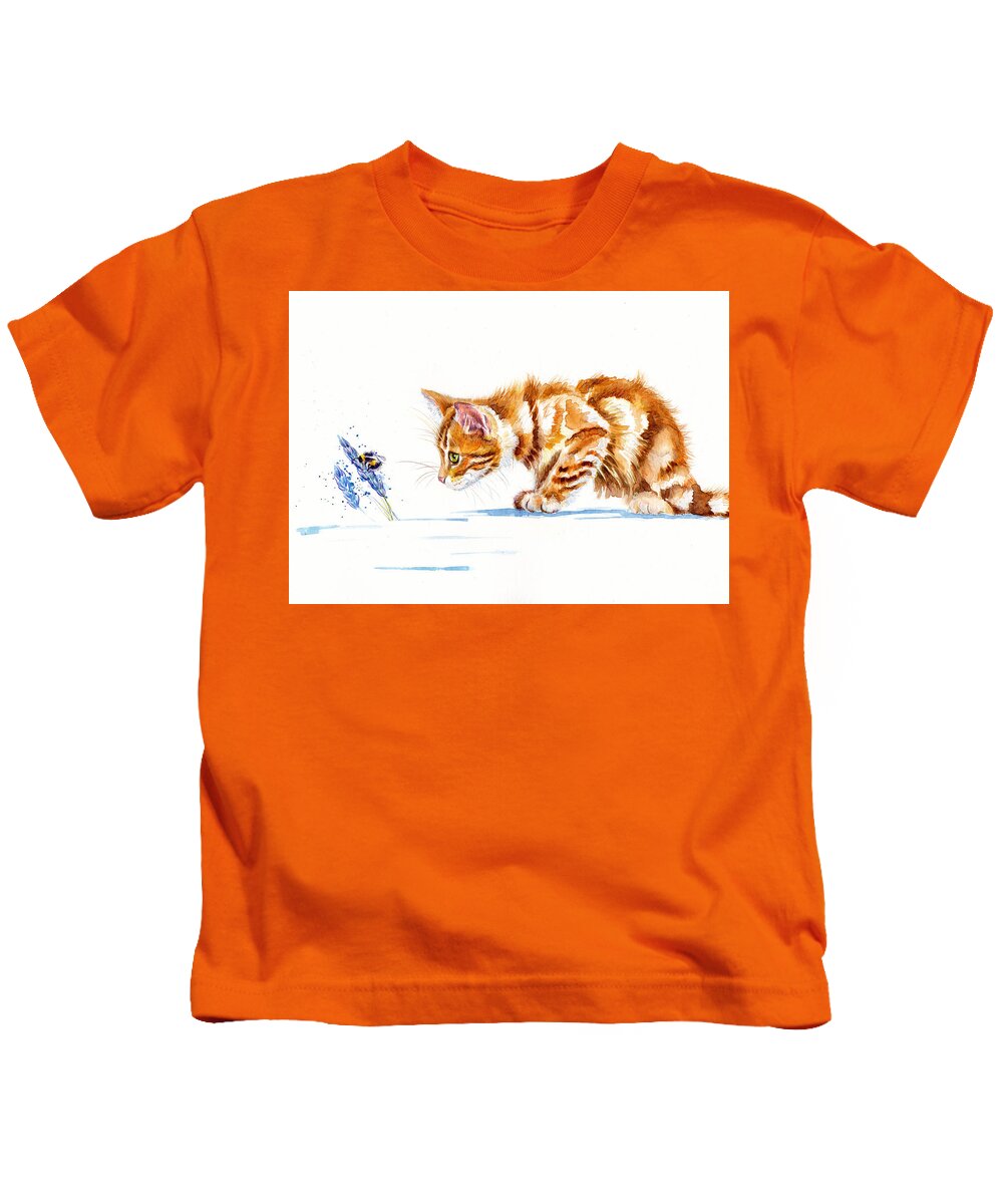 Kittens Kids T-Shirt featuring the painting Marmalade Kitten - Nature Watch by Debra Hall