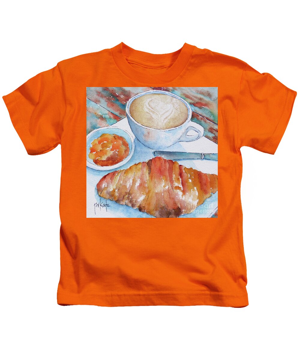 Coffee Signs Kids T-Shirt featuring the painting Morning Croissant Paris by Pat Katz