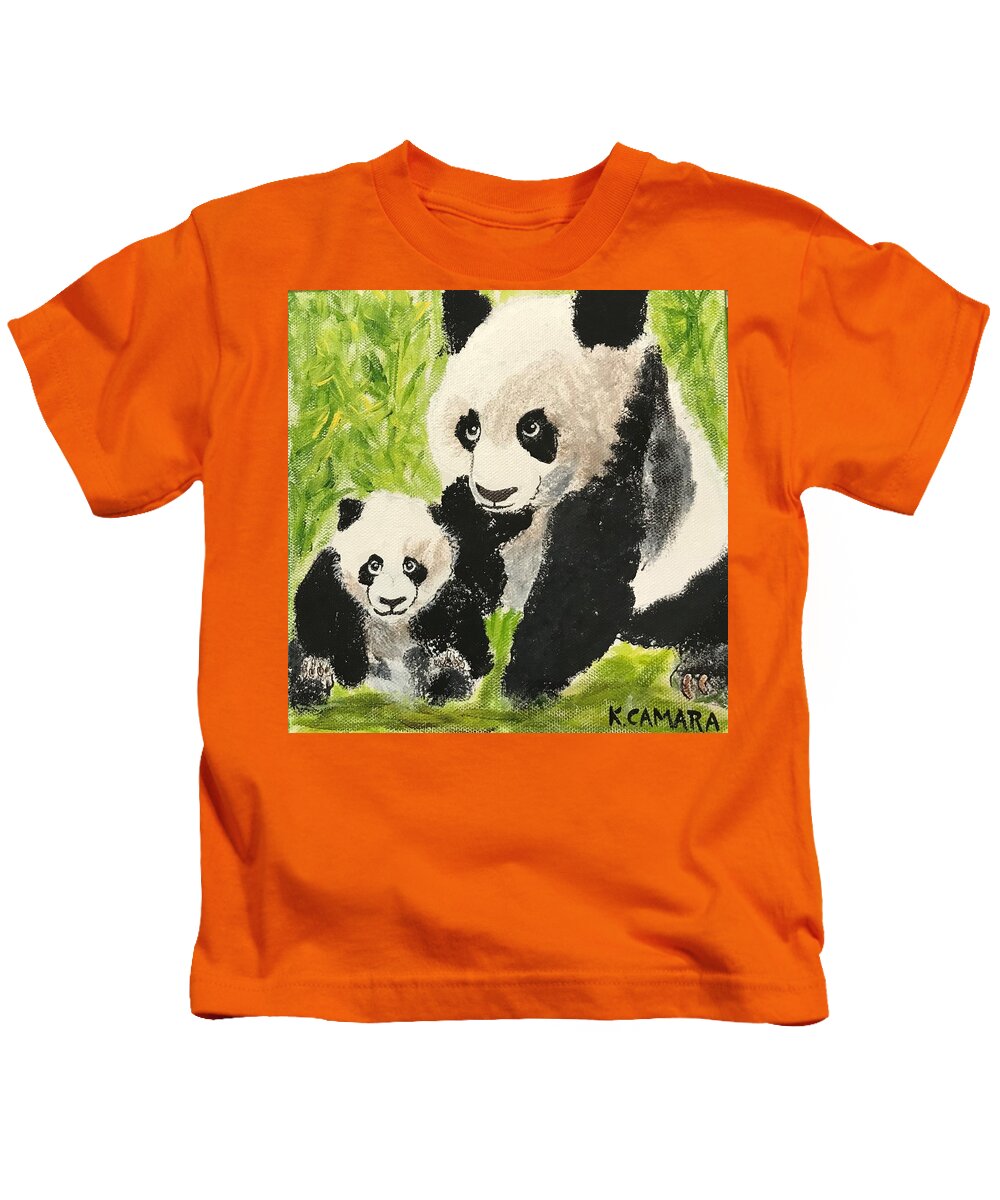 Pets Kids T-Shirt featuring the painting Pandas by Kathie Camara