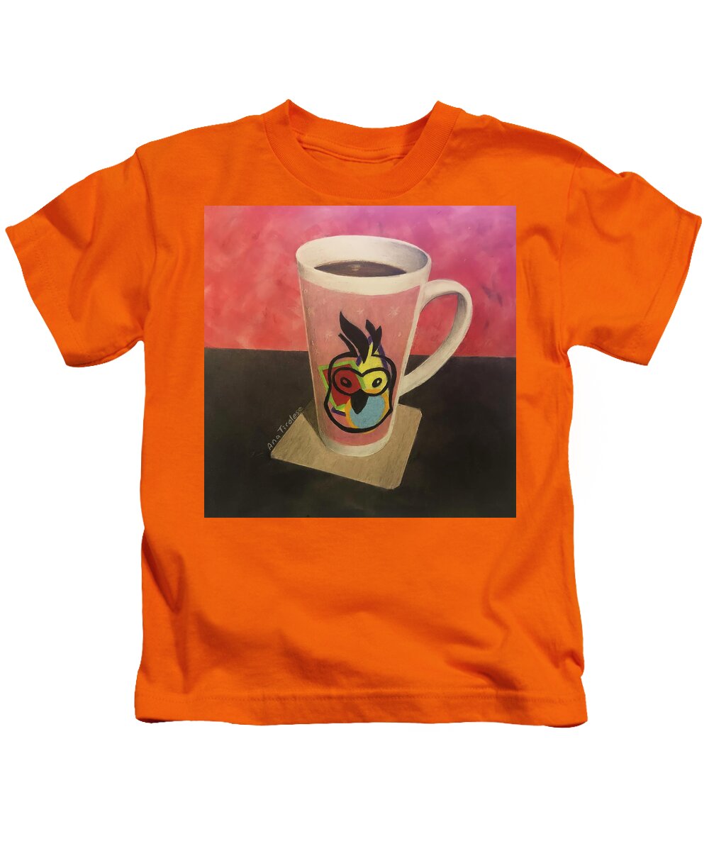 Mug Kids T-Shirt featuring the drawing Cuppa in Pink or Still Life with Cockatiel by Ana Tirolese