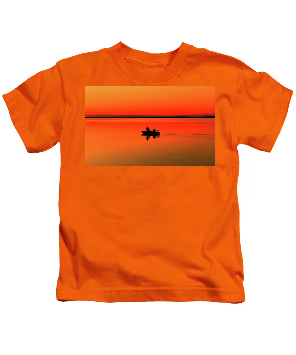 Fishermen Silhouetted At Sunrise Kids T-Shirt featuring the photograph Sunrise Silhouette Of Fishermen On Ohio Lake by Dan Sproul