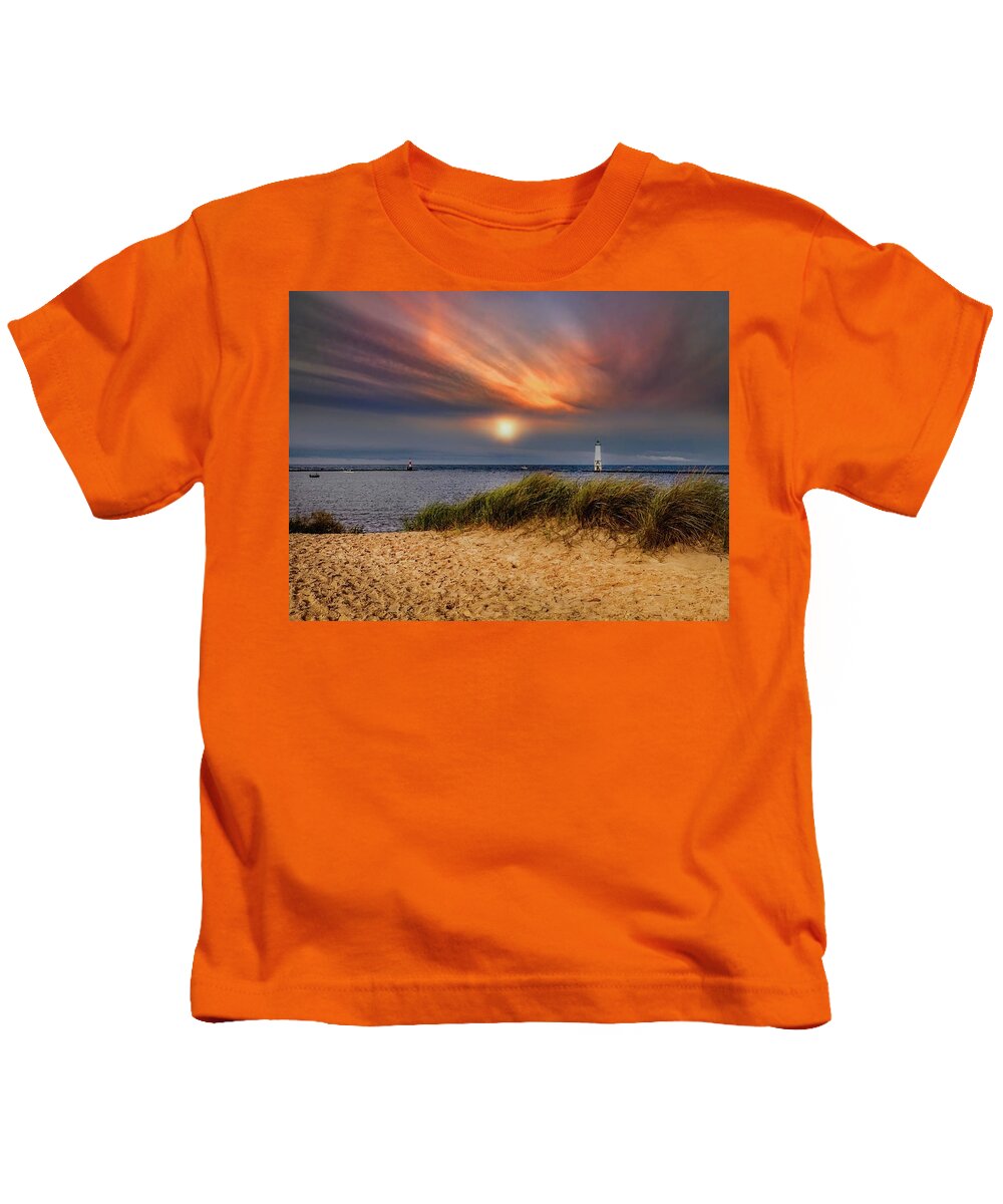 Northernmichigan Kids T-Shirt featuring the photograph Sunset at Betsie Harbor Entrance IMG_3653 by Michael Thomas