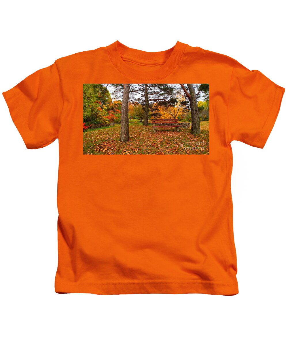 Park Bench Kids T-Shirt featuring the photograph Take a Seat and Relax in Nature by fototaker Tony