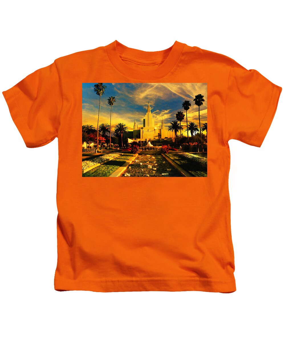 Oakland California Temple Kids T-Shirt featuring the digital art The Oakland California Temple in sunset light by Nicko Prints