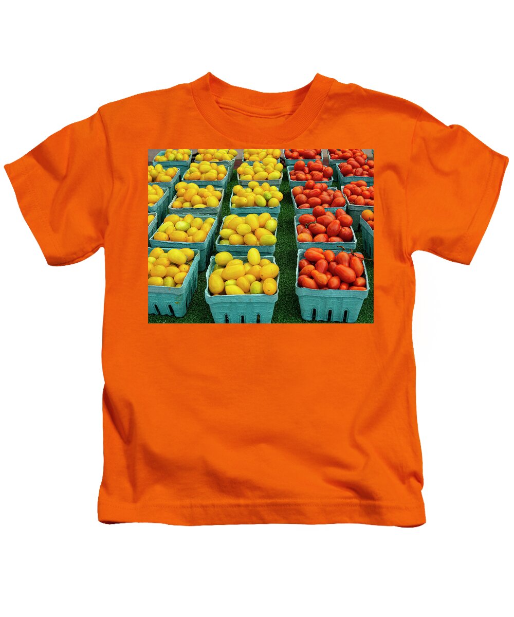 Tomatoes Farmers Market Red Yellow Fruit Vegetable Colorful Kids T-Shirt featuring the photograph Tomatoes at the Farmers Market by David Morehead