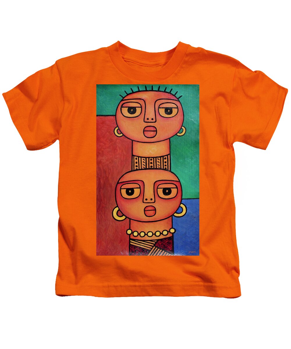 Africa Kids T-Shirt featuring the painting Two Beauties - 2 by Elisha Ongere